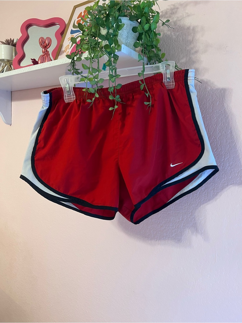 Nike Women's Red Athletic Running Shorts with White Side Panels and Black Trim